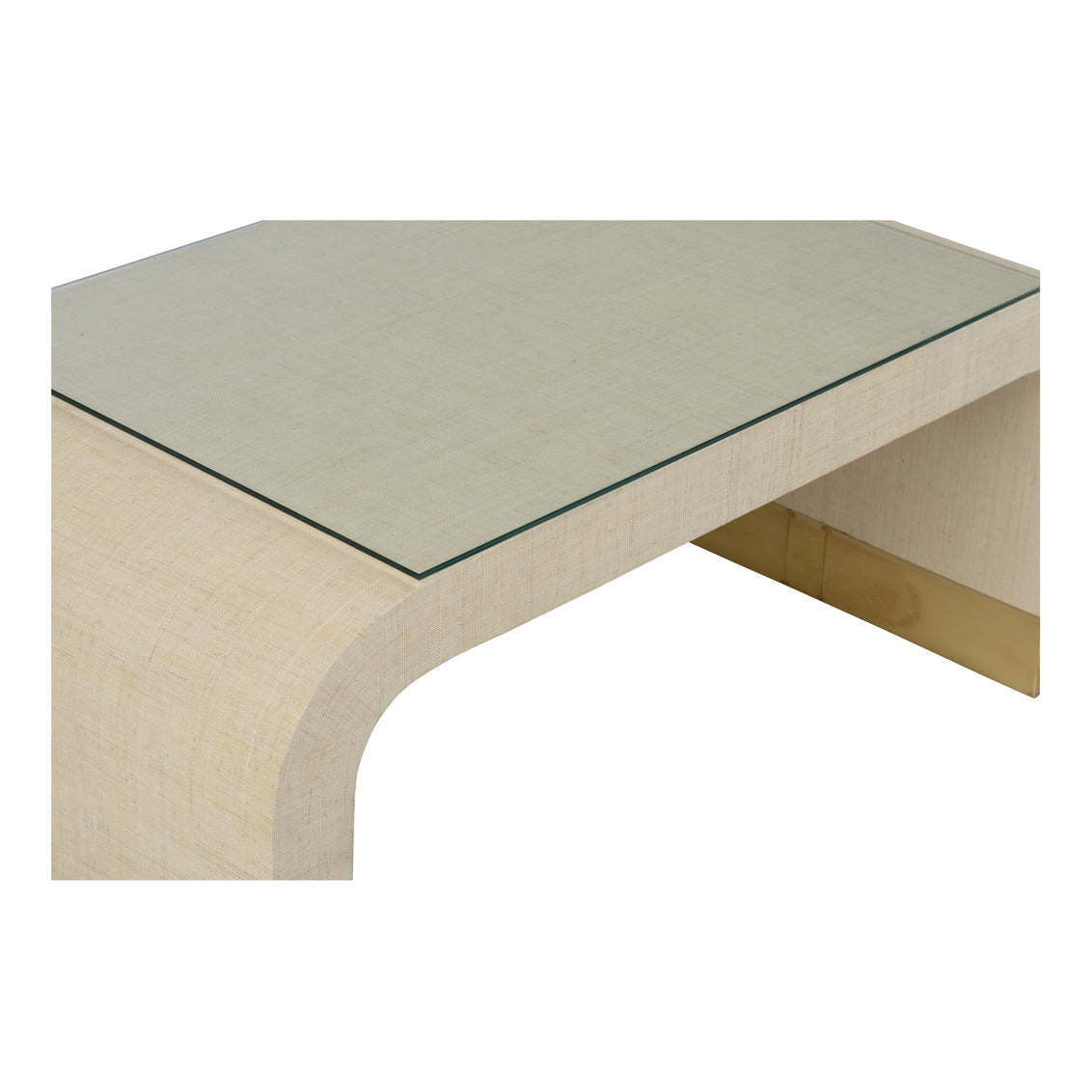 Waterfall Coffee Table – Cream Raffia with Glass Top and Antique Brass Feet