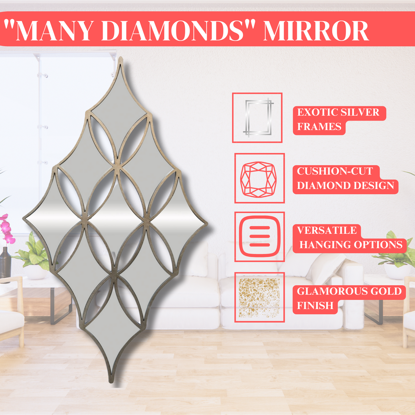 Many Diamonds Mirror - 9 Diamond-Shaped Panes, Exotic Silver Frames, Wall Decor
