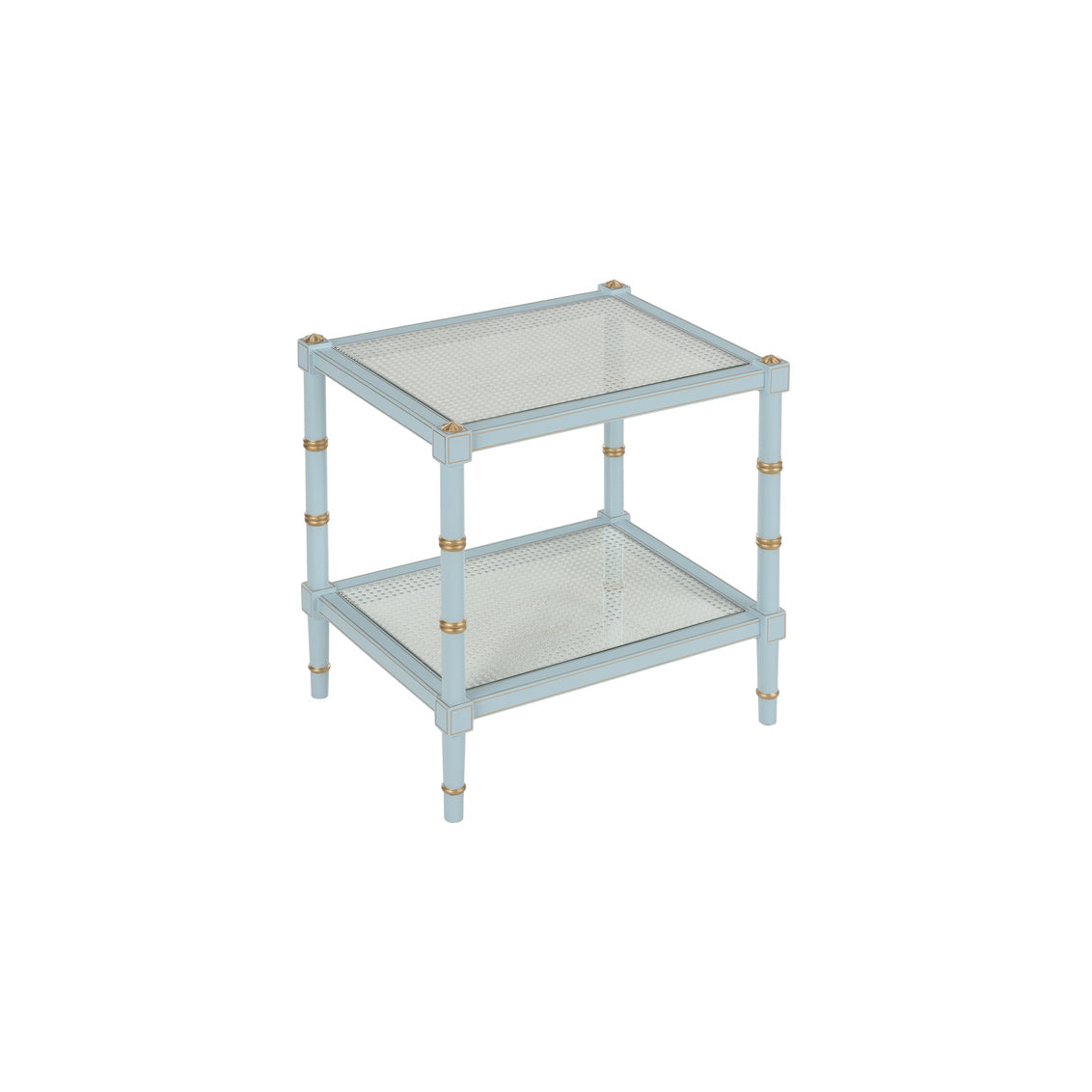 Conner Cane End Table – Light Blue with Gold Hand-Painted Details and Natural Caned Shelf