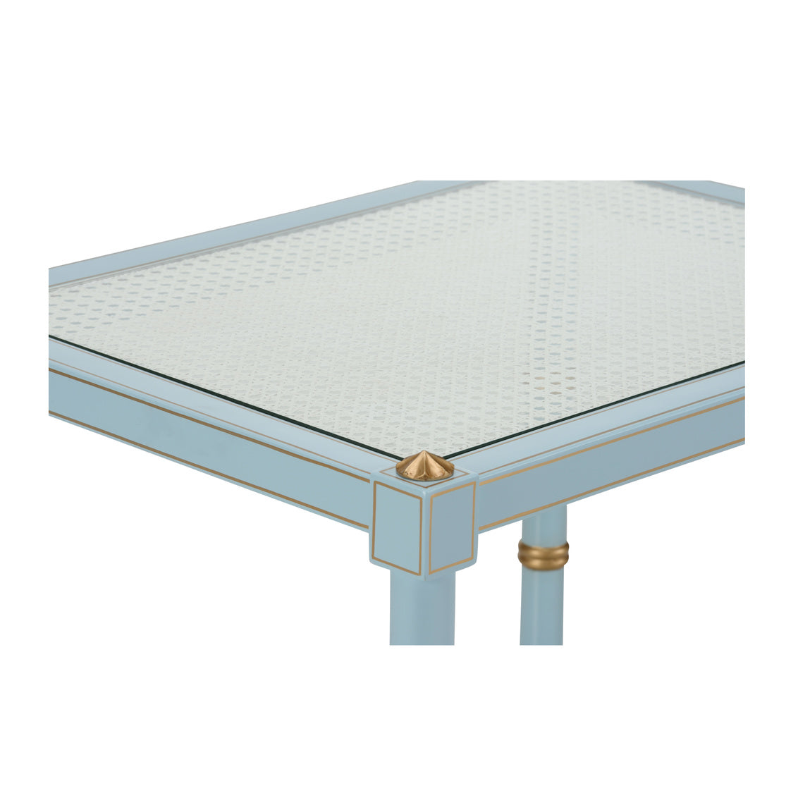 Conner Cane End Table – Light Blue with Gold Hand-Painted Details and Natural Caned Shelf
