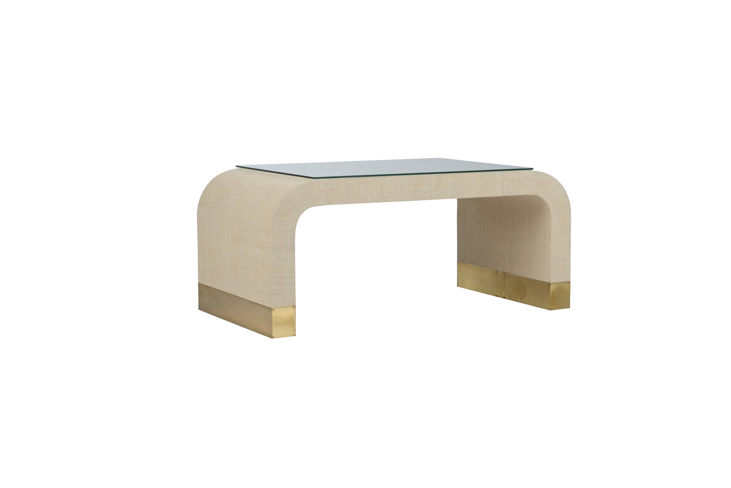 Waterfall Coffee Table – Cream Raffia with Glass Top and Antique Brass Feet
