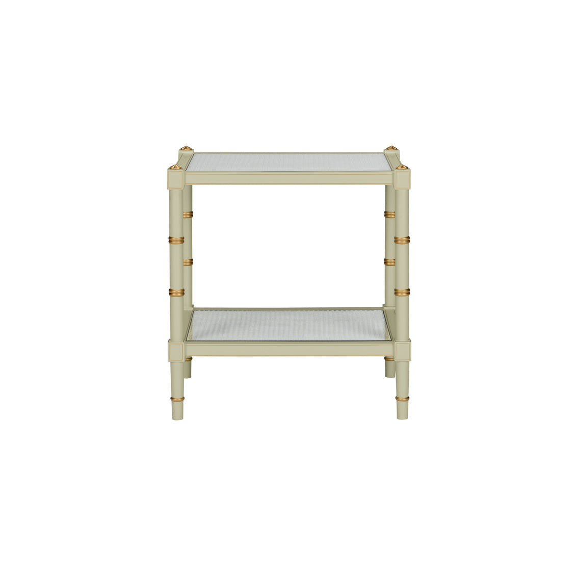 Conner Cane End Table – Light Blue with Gold Hand-Painted Details and Natural Caned Shelf