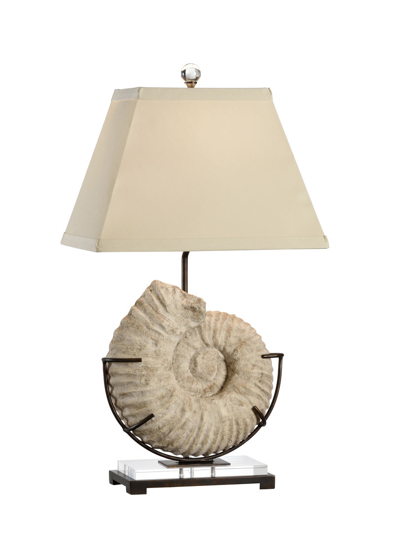 Ammonite Lamp with Natural White Stone Fossil and Light Taupe Silk Shade
