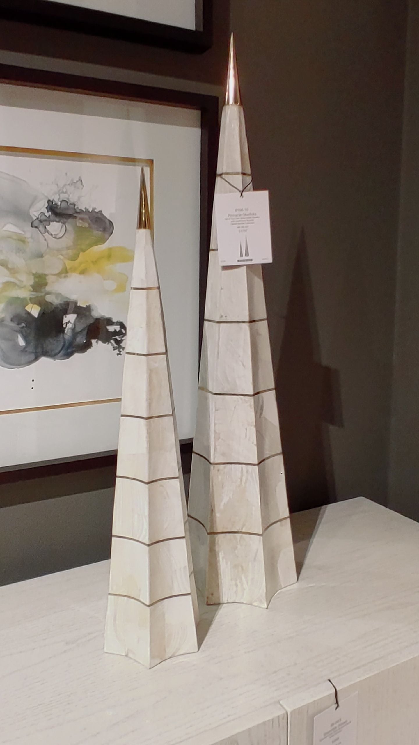 Maitland Smith Pinnacle Obelisks – Set of 2 Clam Stone Inlaid Sculptures with Brass Accents