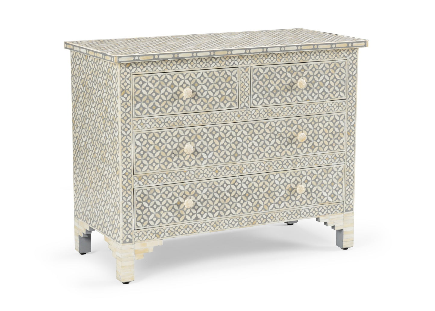 Milford Chest – Handcrafted 4-Drawer Bone Inlay Chest in Blue, Gray, or Natural Finish