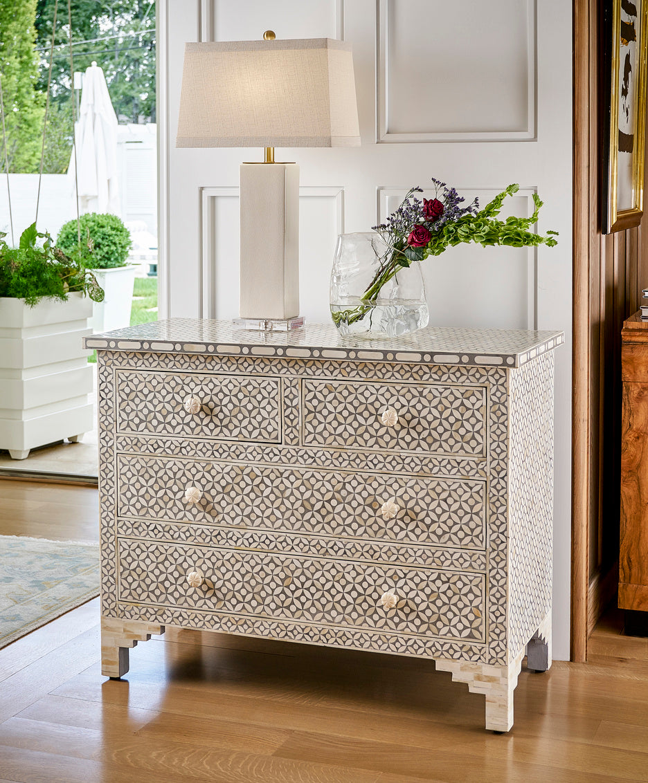 Milford Chest – Handcrafted 4-Drawer Bone Inlay Chest in Blue, Gray, or Natural Finish