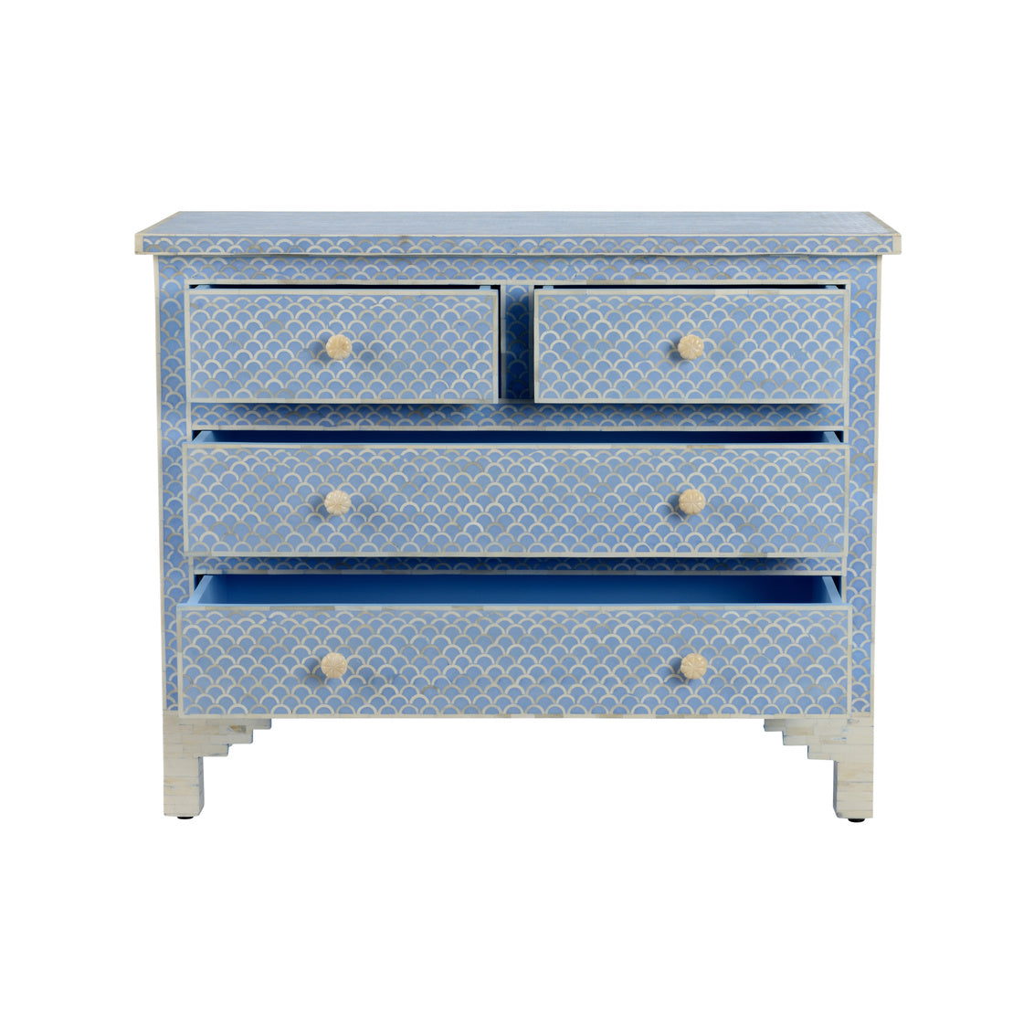 Milford Chest – Handcrafted 4-Drawer Bone Inlay Chest in Blue, Gray, or Natural Finish