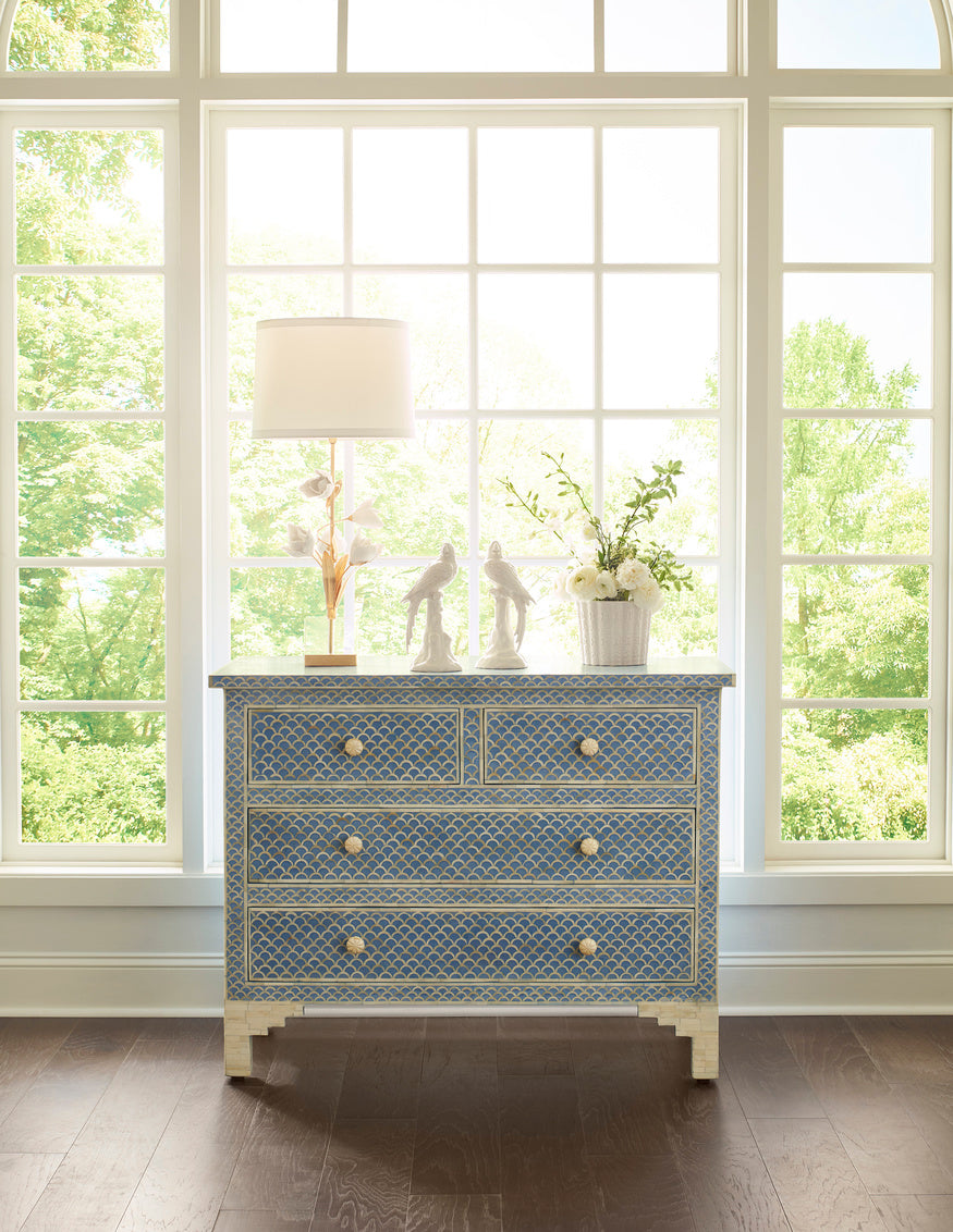 Milford Chest – Handcrafted 4-Drawer Bone Inlay Chest in Blue, Gray, or Natural Finish