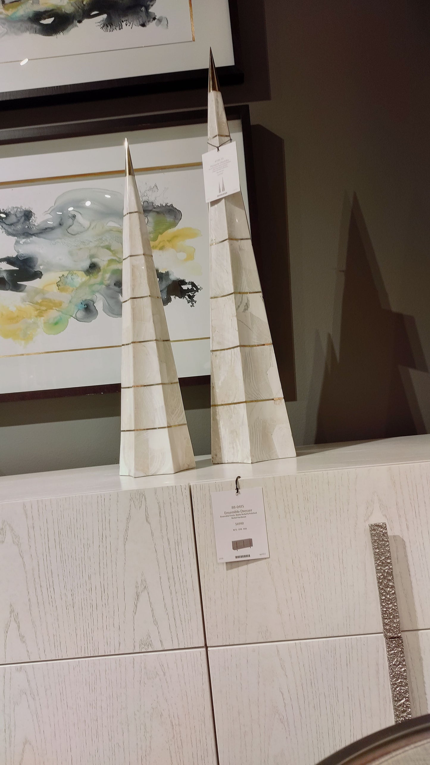 Maitland Smith Pinnacle Obelisks – Set of 2 Clam Stone Inlaid Sculptures with Brass Accents