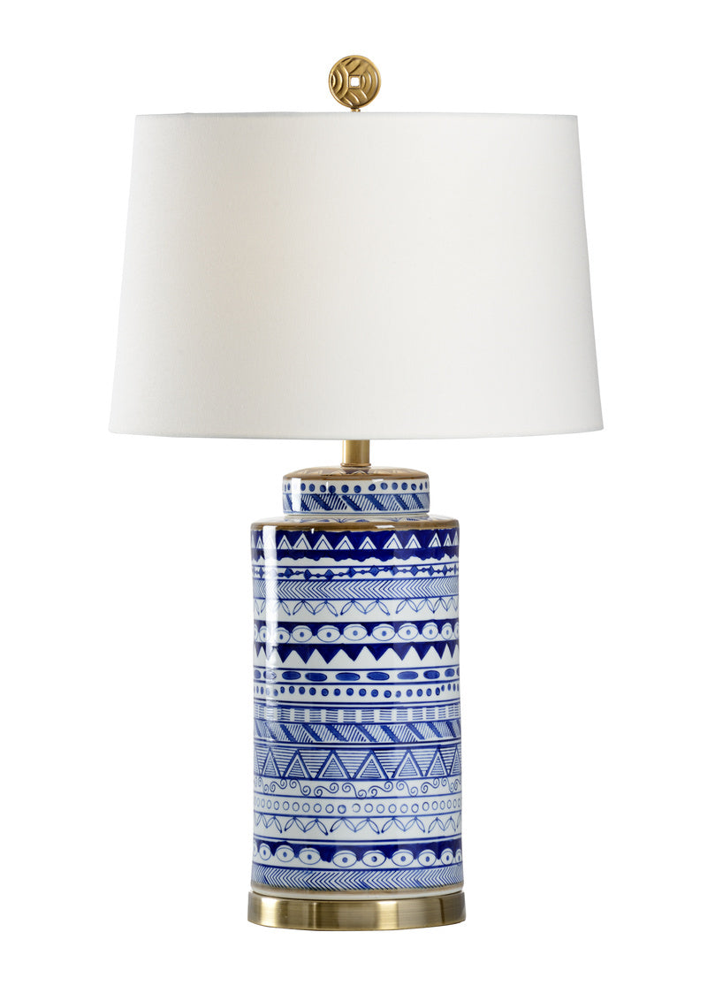 Destin Lamp with Handpainted Blue & White Tribal Pattern and Brass Mounting