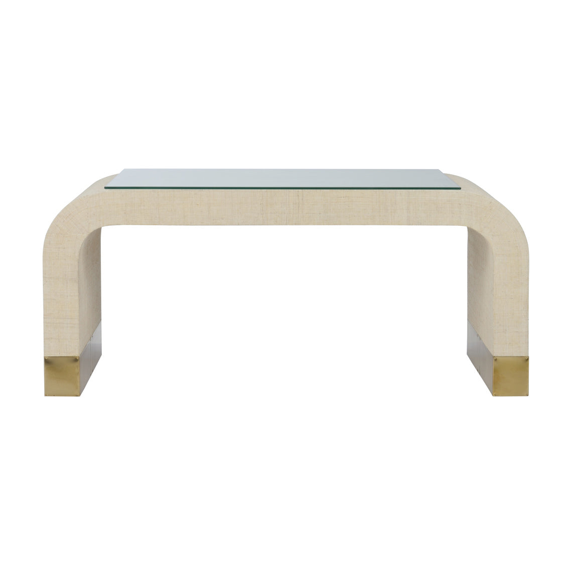 Waterfall Coffee Table – Cream Raffia with Glass Top and Antique Brass Feet