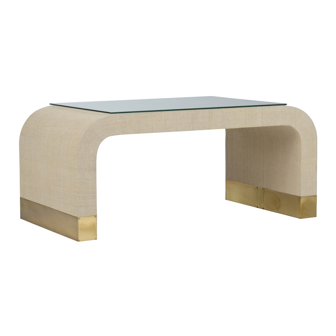 Waterfall Coffee Table – Cream Raffia with Glass Top and Antique Brass Feet