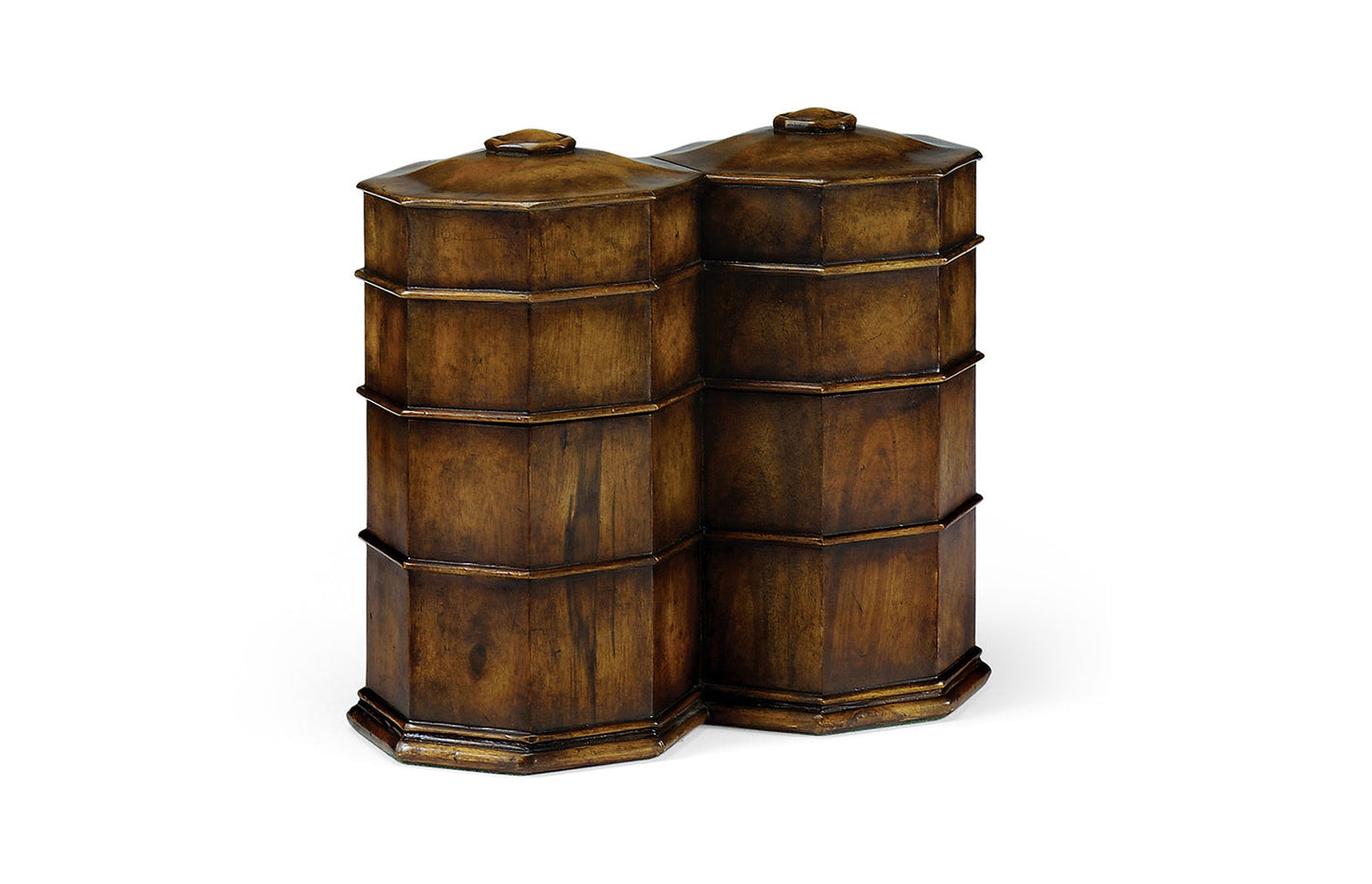 Pair of Glass Decanters in Conjoined Octagonal Walnut Cases
