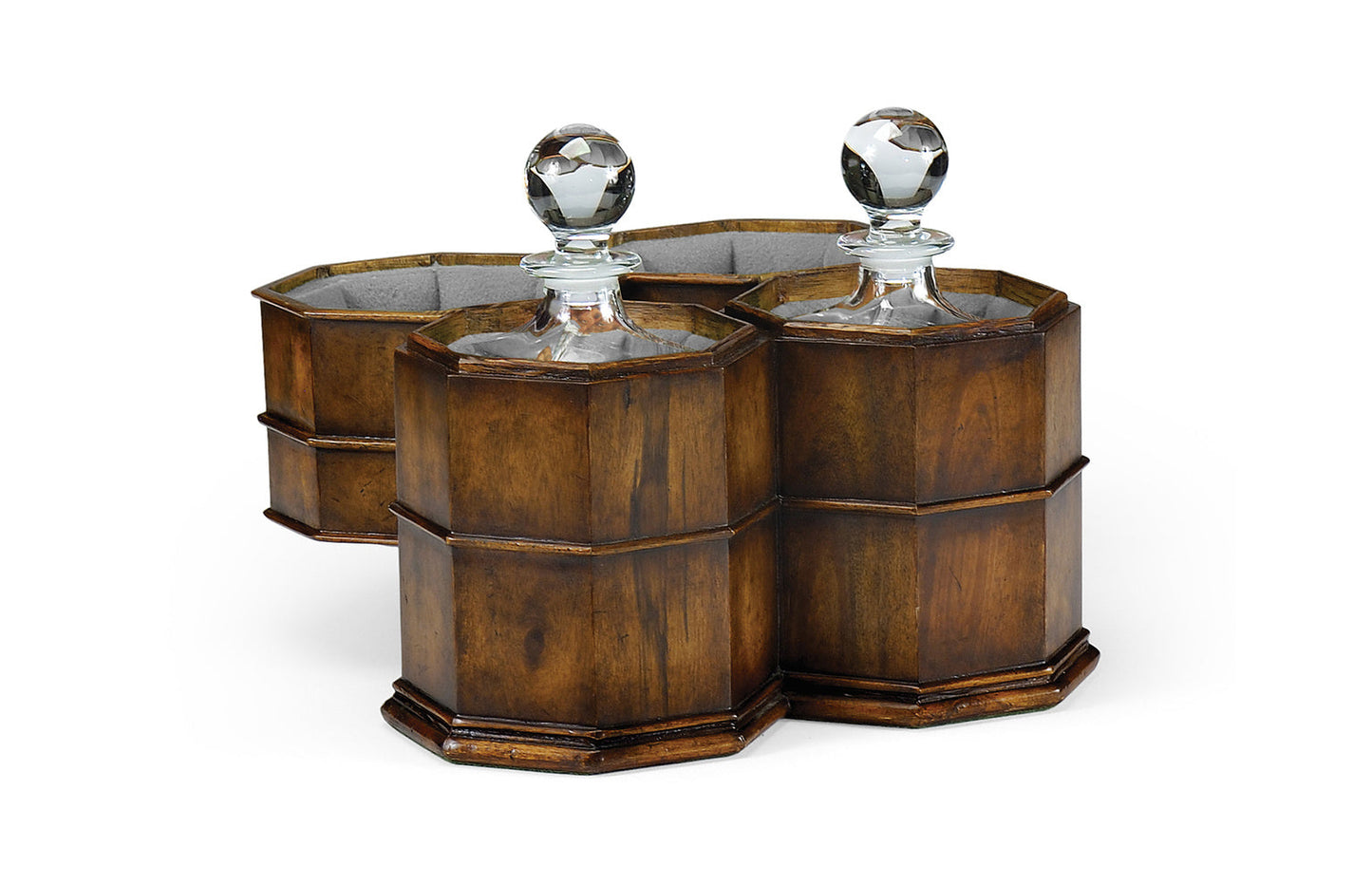 Pair of Glass Decanters in Conjoined Octagonal Walnut Cases