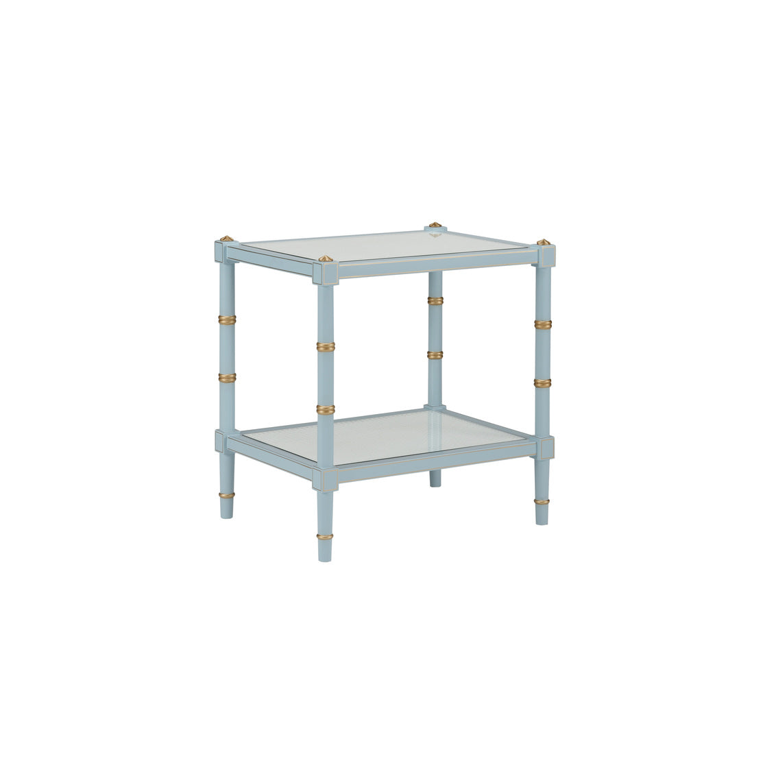 Conner Cane End Table – Light Blue with Gold Hand-Painted Details and Natural Caned Shelf