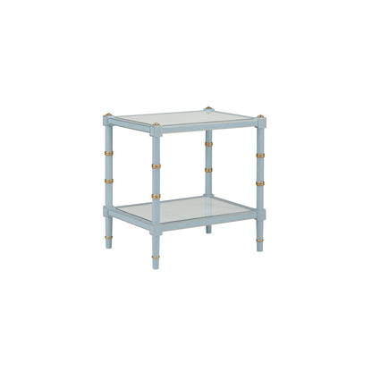 Conner Cane End Table – Light Blue with Gold Hand-Painted Details and Natural Caned Shelf