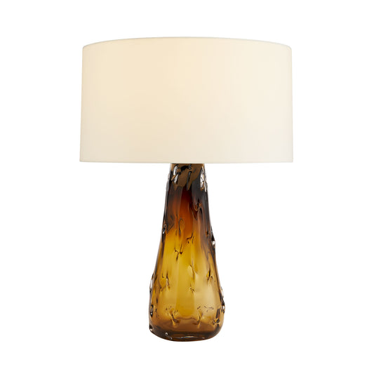 Handcrafted Amber Pinched Glass Ivy Lamp with Ivory Microfiber Drum Shade and Antique Brass Sphere Finial