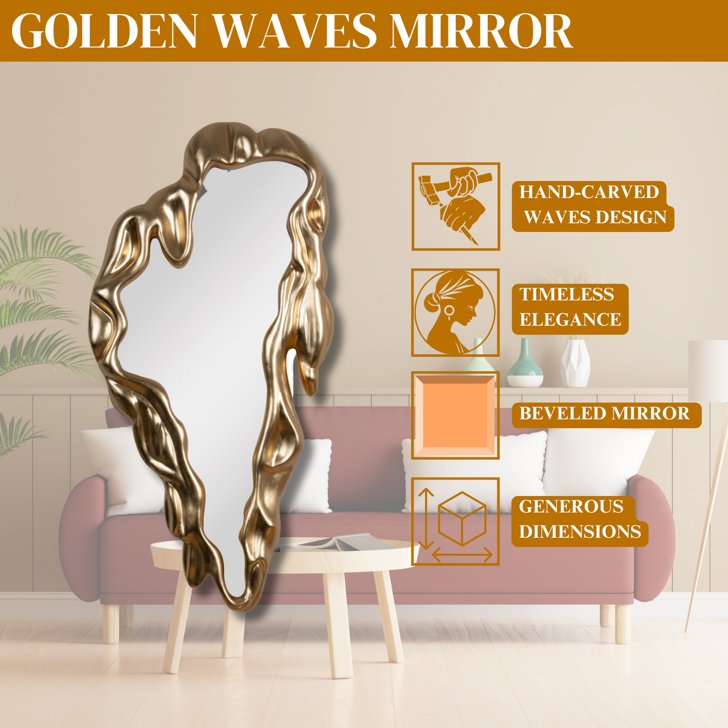 Golden Waves Reflection - Modern Wall Mirror with Elegant Wave Design for Contemporary Home Decor