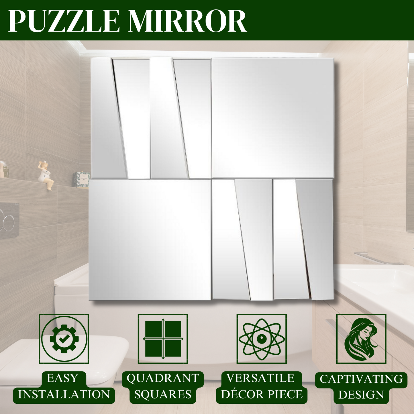 Frameless Puzzle Mirror - Clear, Modern Design with Heavy Plain Frame