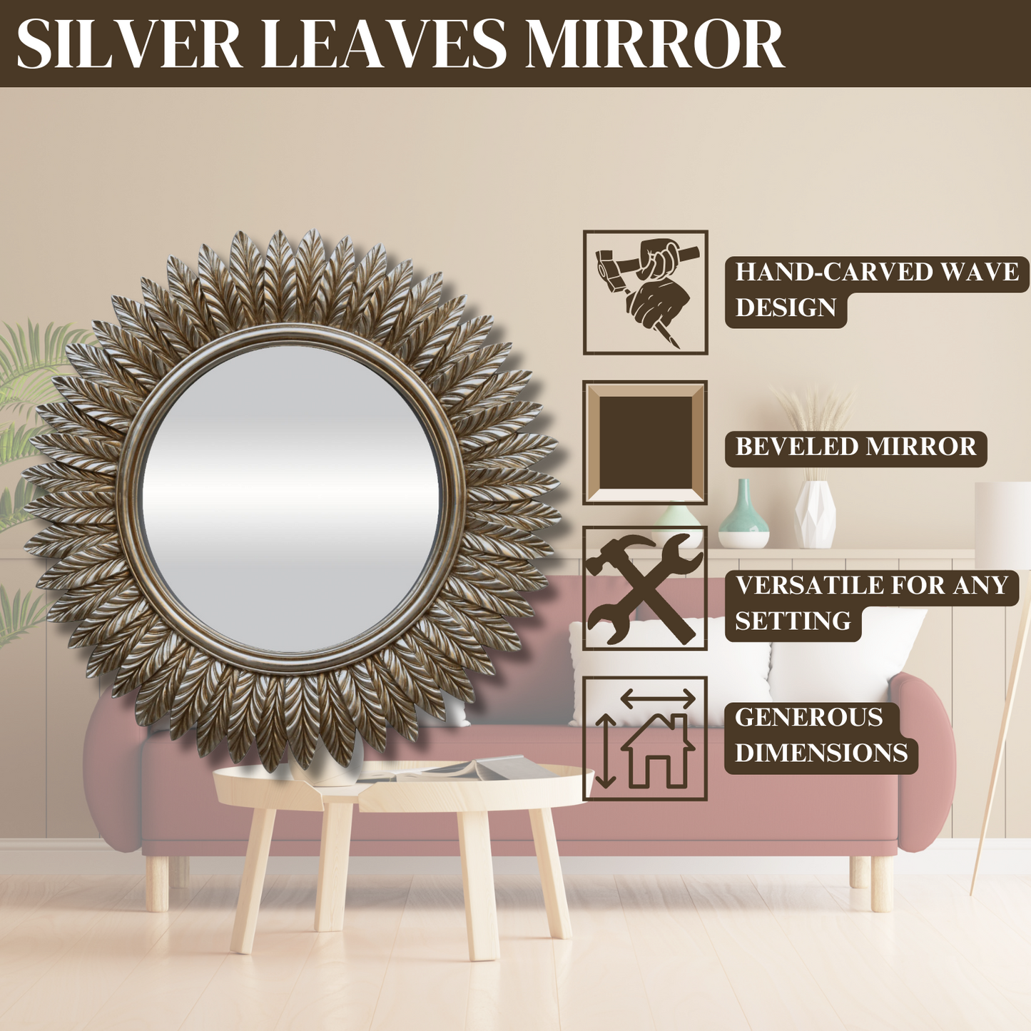 Silver Leaf Wall Mirror - Beveled Glass Accent Mirror for Elegant Home Decor