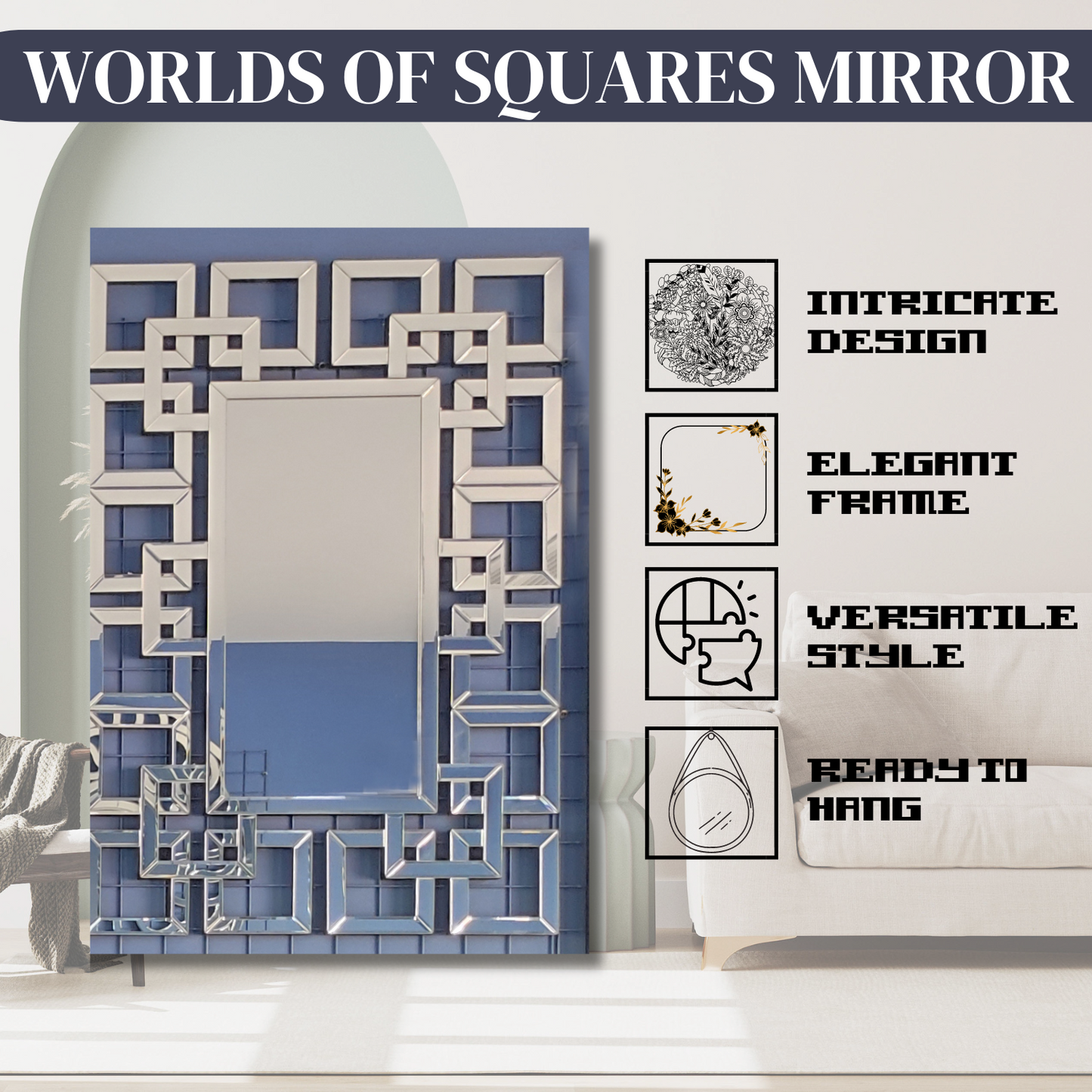 Worlds of Squares Reflection - Modern Wall Mirror with Geometric Intricacy for Contemporary Home Decor