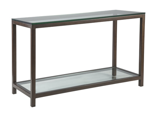 Per Se Console Table – Antique Copper Tubular Steel Frame with Glass Top and Shelf