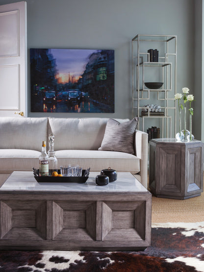 Dictum Rectangular Cocktail Table - Italian Silver White Travertine Top with Gray Mahogany Base