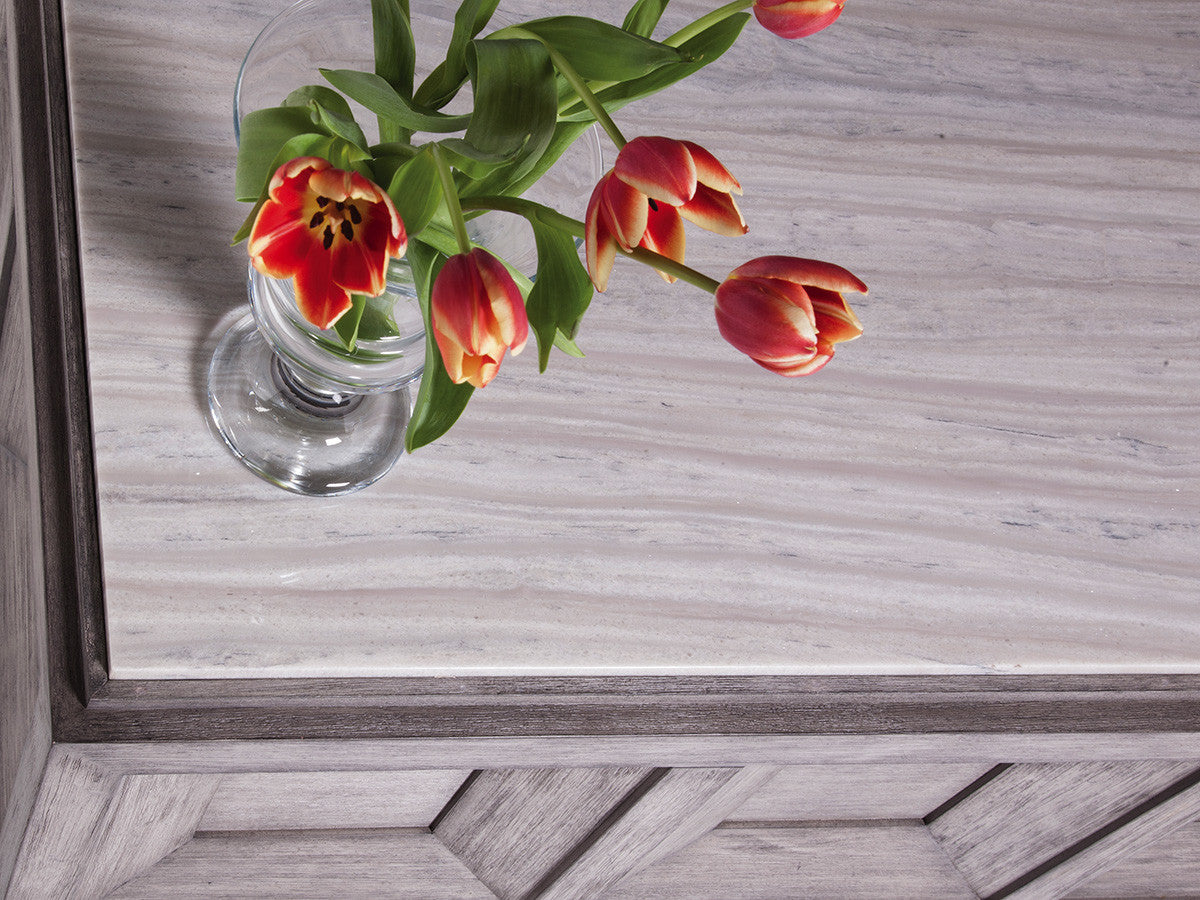 Dictum Rectangular Cocktail Table - Italian Silver White Travertine Top with Gray Mahogany Base