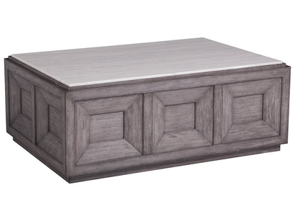 Dictum Rectangular Cocktail Table - Italian Silver White Travertine Top with Gray Mahogany Base