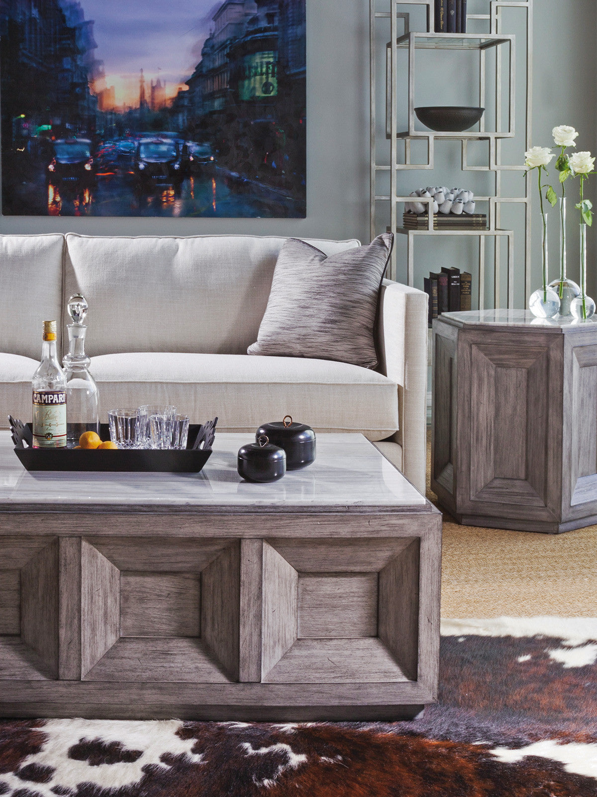 Dictum Rectangular Cocktail Table - Italian Silver White Travertine Top with Gray Mahogany Base