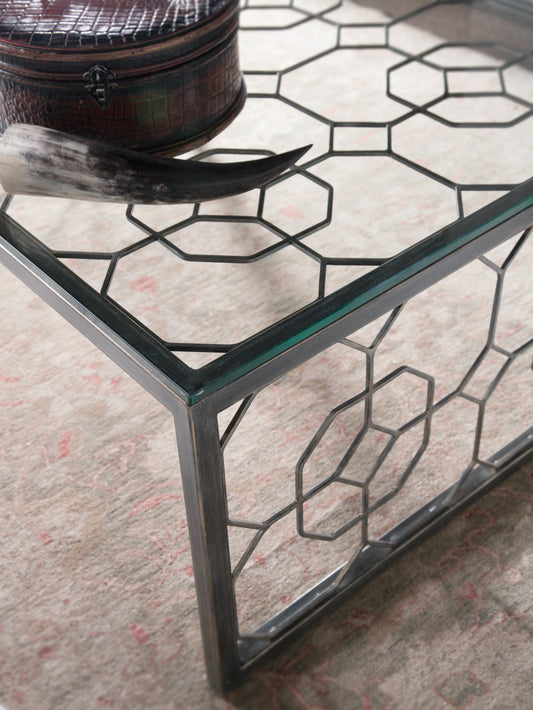 Honeycomb Rectangular Cocktail Table – Hand-Forged Iron Base with Glass Top, Available in Antique Copper or St Laurent Finish