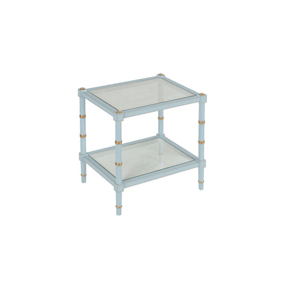 Conner Cane End Table – Light Blue with Gold Hand-Painted Details and Natural Caned Shelf