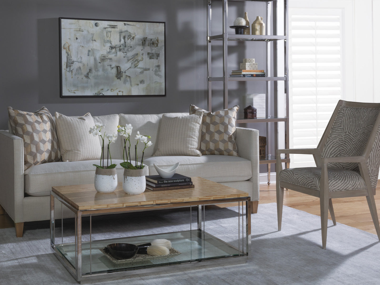 Thatch Rectangular Cocktail Table - Polished Stainless Steel Base with Sliced Rattan Marquetry Top and Glass Shelf