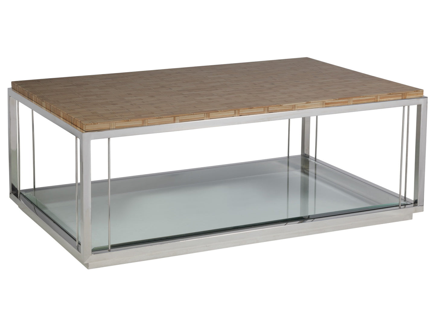 Thatch Rectangular Cocktail Table - Polished Stainless Steel Base with Sliced Rattan Marquetry Top and Glass Shelf