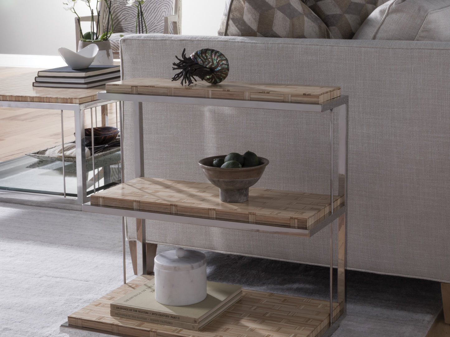 Artistica Signature Designs Thatch Three-Tier Spot Table – Sliced Rattan Basketweave with Polished Stainless Steel Base