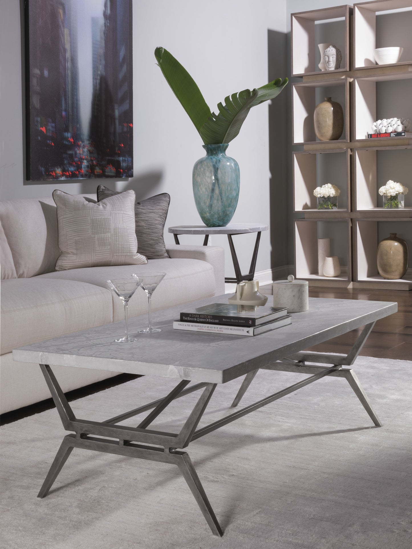 Artistica Home Cirro Round End Table, Gun Metal Iron Base, Gray Scagliola Stone Top, Transitional Design