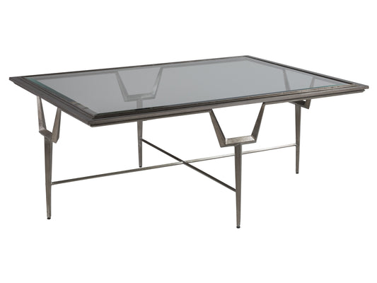 Voila Rectangular Cocktail Table - Solid and Tubular Iron with Inset Glass Top, Antiqued Silver Leaf Finish