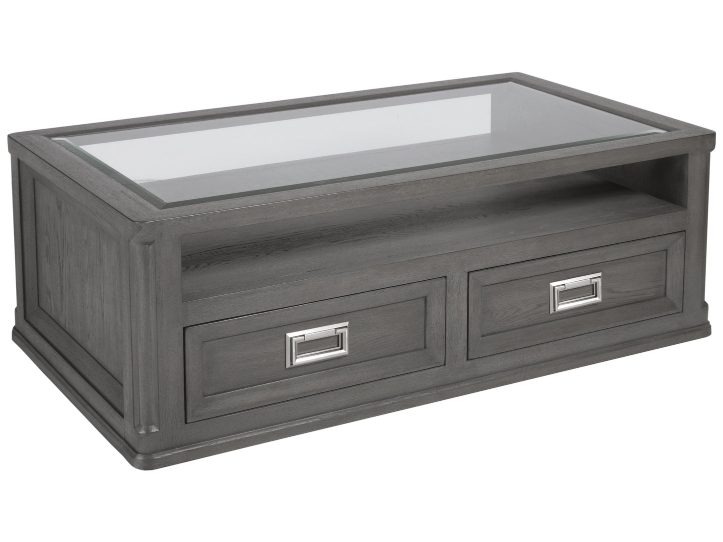 Appellation Rectangular Cocktail Table with Glass Top and Hidden Storage in Gray