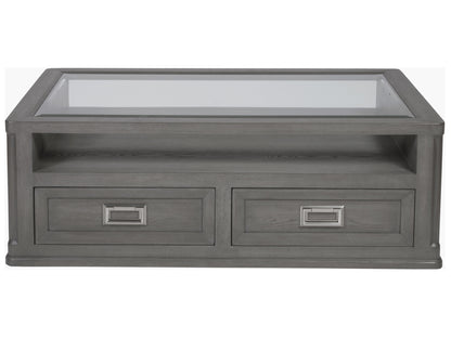 Appellation Rectangular Cocktail Table with Glass Top and Hidden Storage in Gray