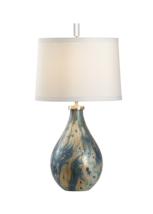 Marianna Glass Table Lamp - Silver and Teal Swirl Design with Silkette Shade