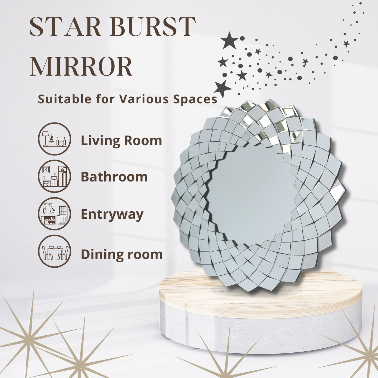 Contemporary Round Star Burst Mirror - 39" Silver Wood Frame - Home Decor