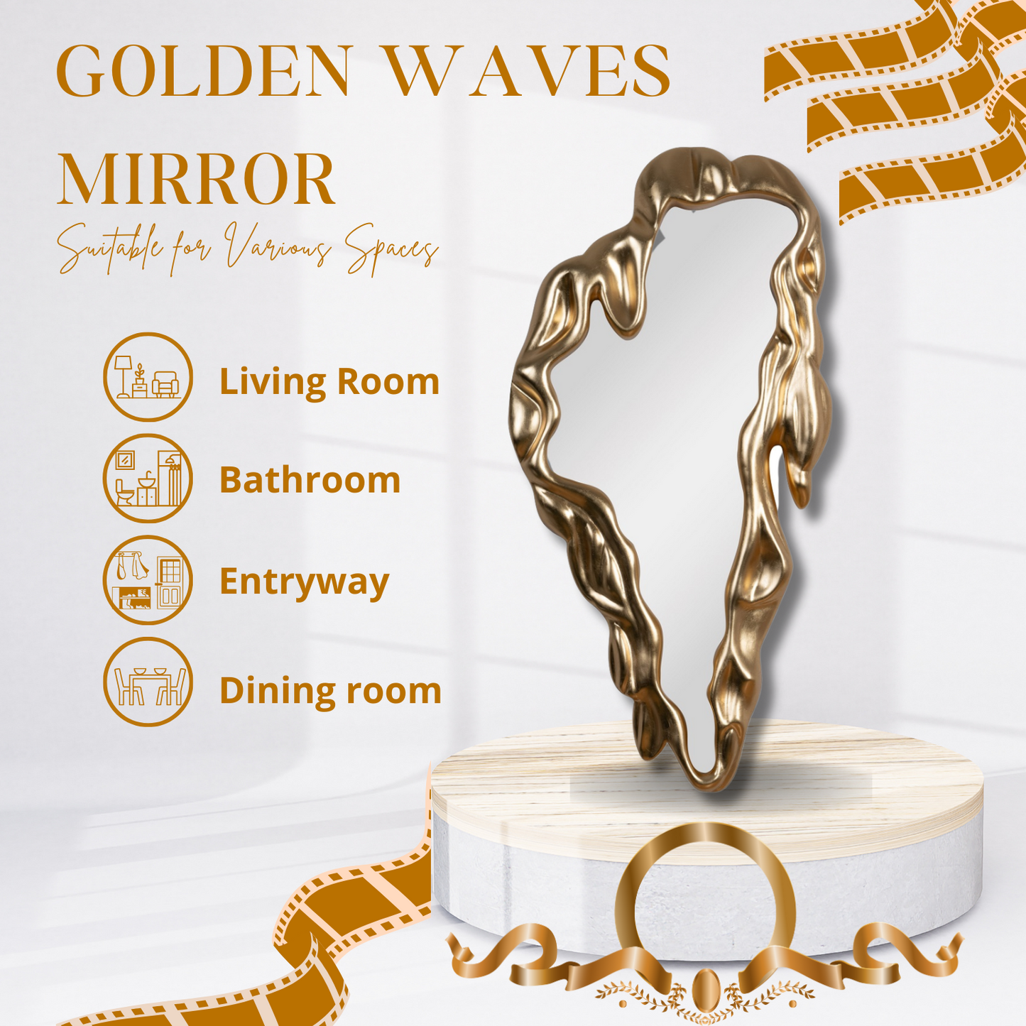 Golden Waves Reflection - Modern Wall Mirror with Elegant Wave Design for Contemporary Home Decor