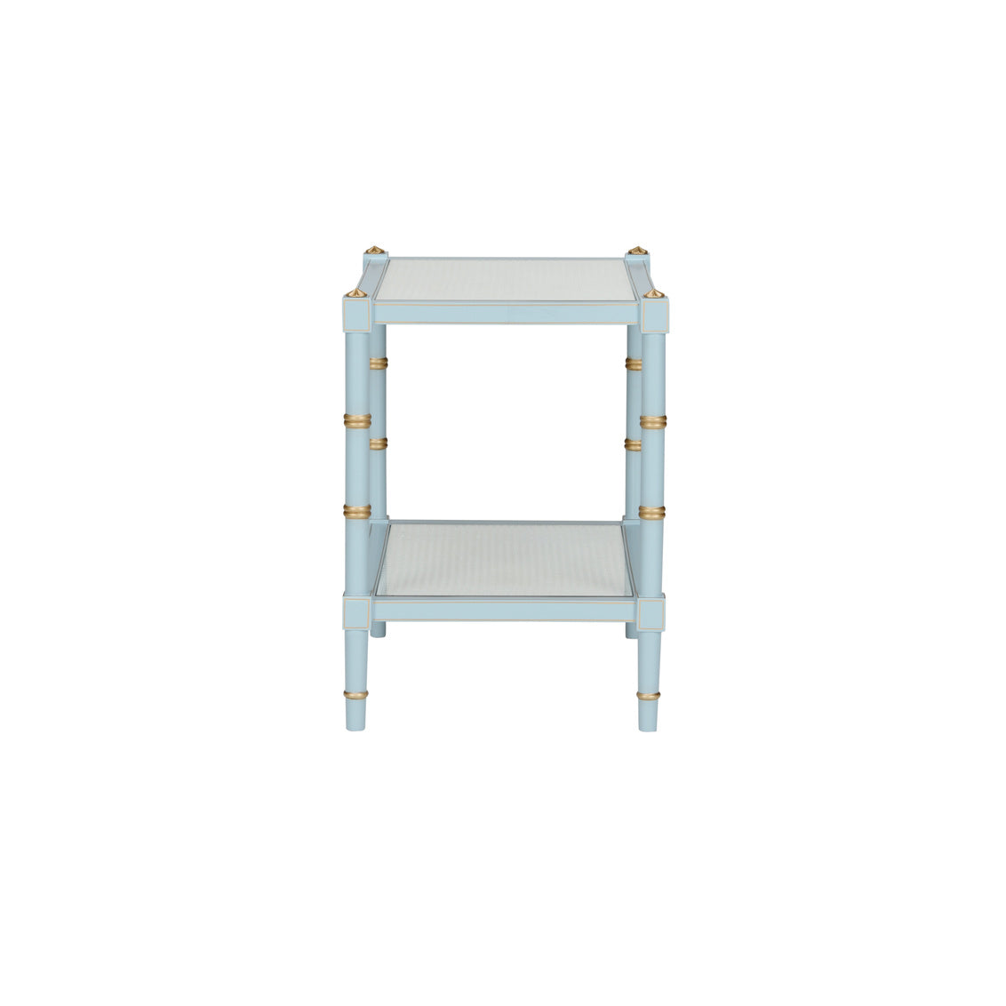 Conner Cane End Table – Light Blue with Gold Hand-Painted Details and Natural Caned Shelf