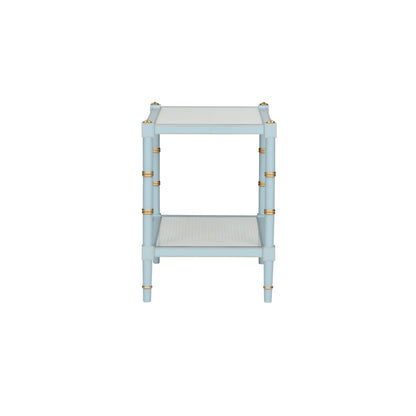 Conner Cane End Table – Light Blue with Gold Hand-Painted Details and Natural Caned Shelf