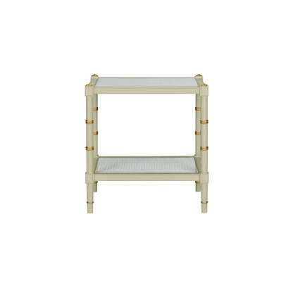 Conner Cane End Table – Light Blue with Gold Hand-Painted Details and Natural Caned Shelf
