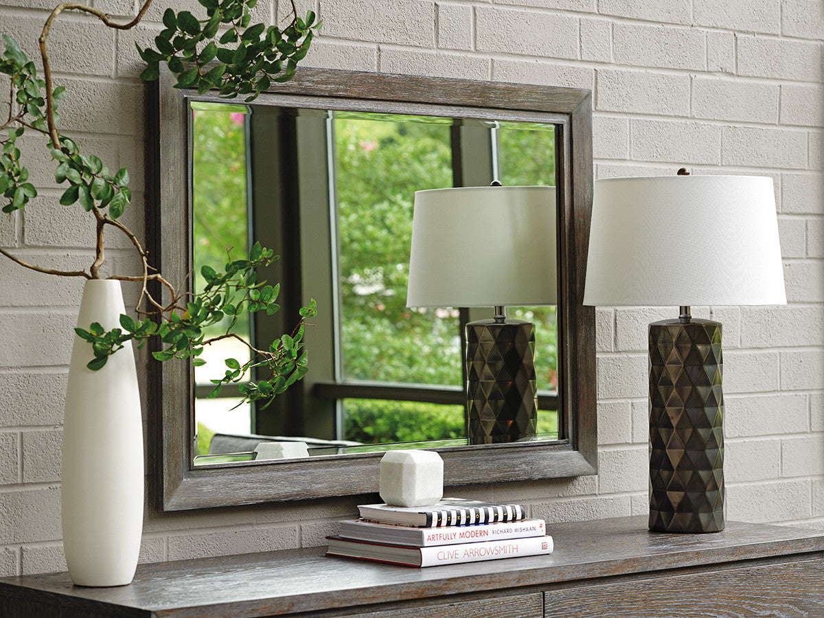 Lexington Santana Solana Rectangular Mirror - Oak Wood Frame, Beveled Glass, Cerused Gray Finish