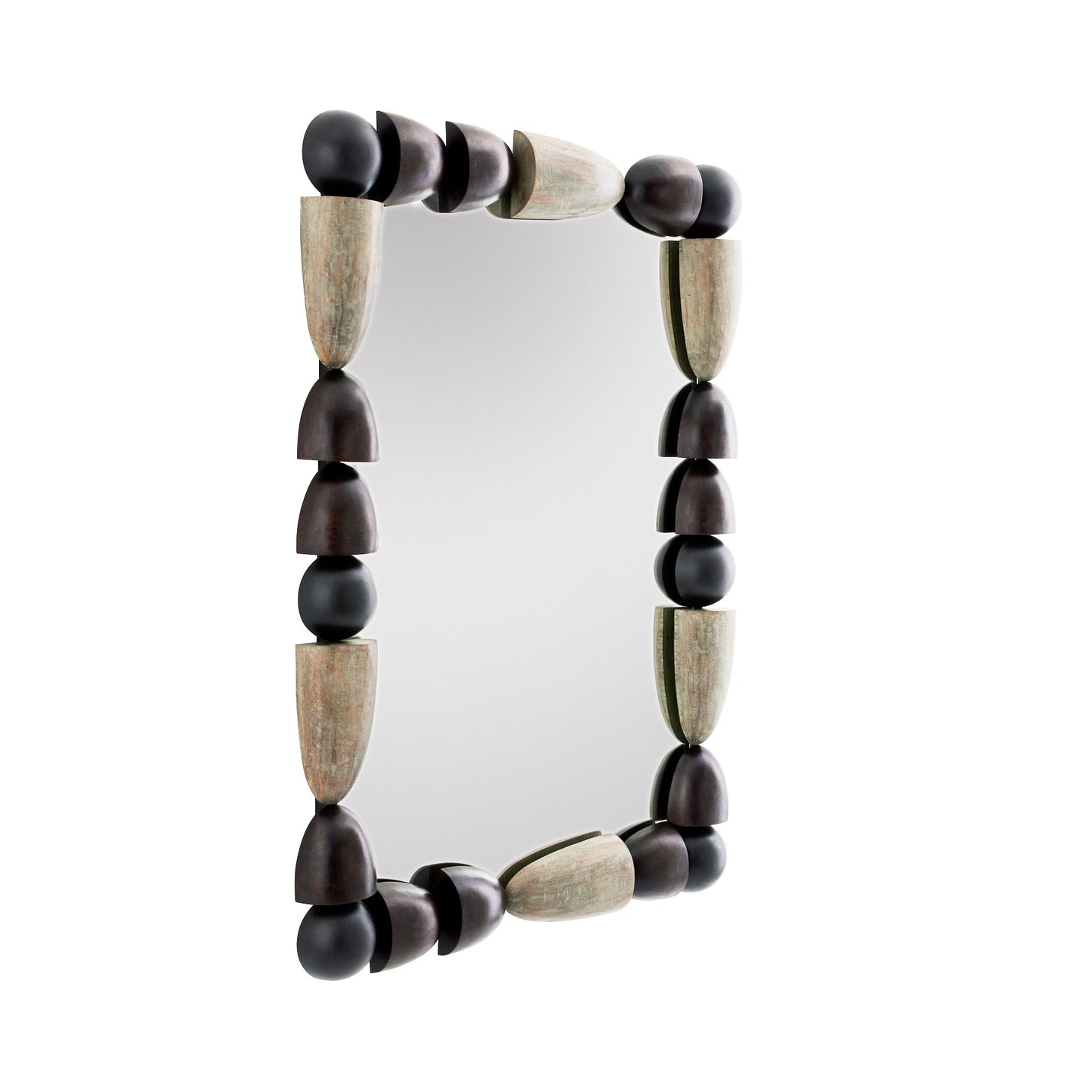 Montego Mirror - Geometric Oak Wood and Iron Frame, Ebony and Gray Wash Finish, Versatile Hanging Options