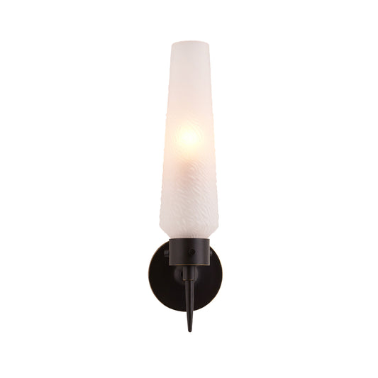 Omaha Sconce - Textured Frosted Glass and Bronze Torchier-Style Wall Light with Forged Finial Detail