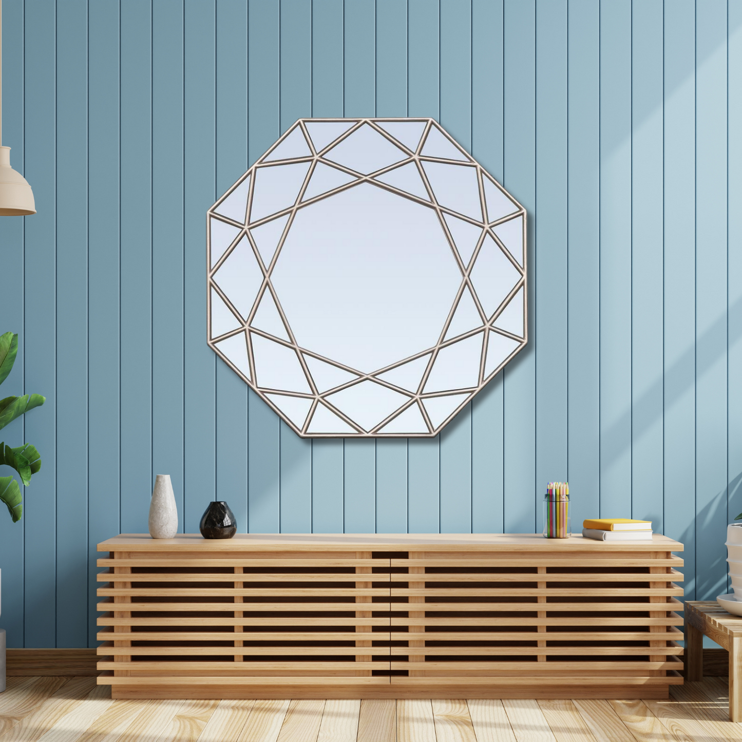 Silver Geometric Octagon Mirror - Modern Wall Decor with Sleek Geometric Design for Contemporary Spaces