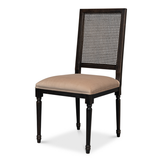 Cane Back Side Chair – Nero Finish, Toffee Upholstery, Traditional Beechwood Dining Chair